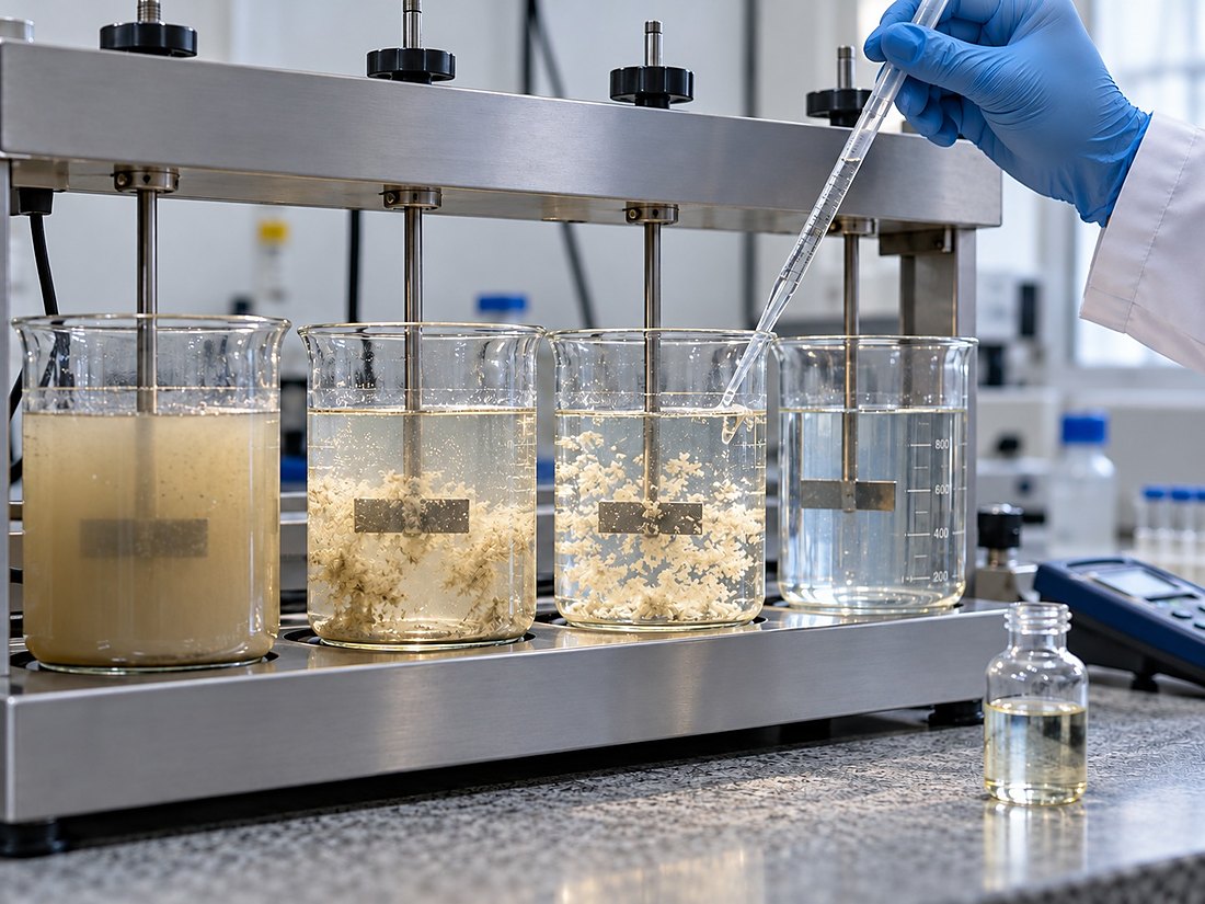 Ensaio de bancada com reagentes em laboratório