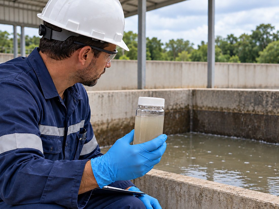 Técnico coletando amostra do efluente